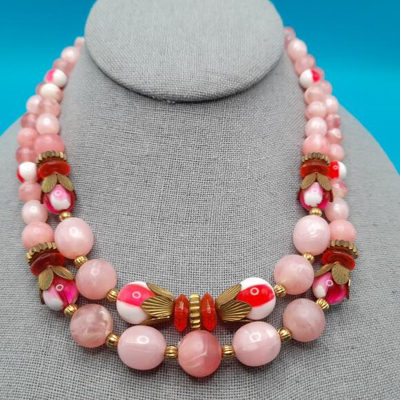Vintage Pink Lucite Bead Necklace, Two Strands, Mid-Century, 17 1/2" - Picture 2 of 11
